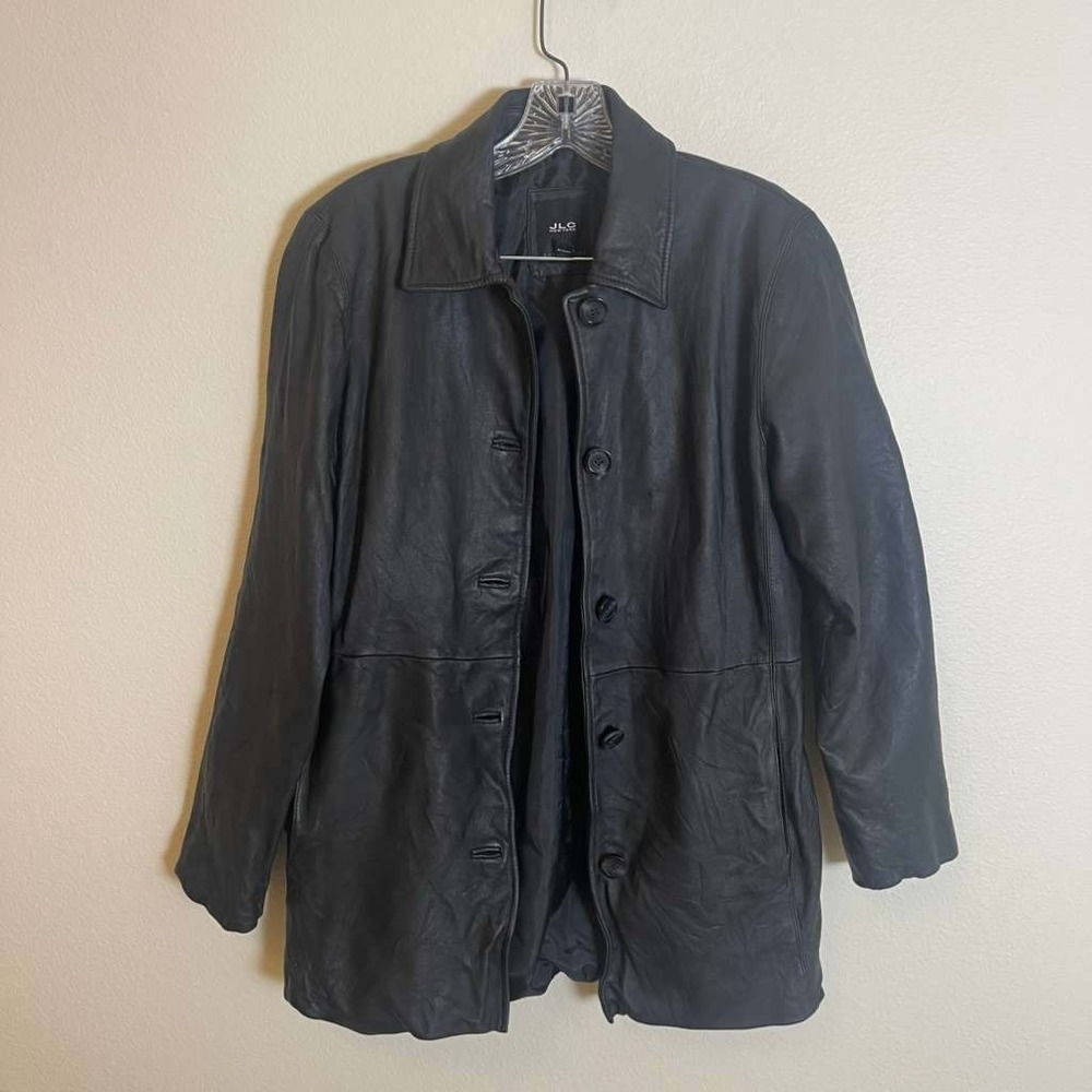 JLC New York Black Leather‎ Trench Car Coat Jacket Womens Small Button 90s